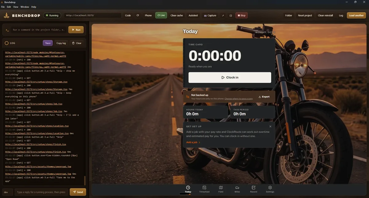 Benchdrop running a web app, with Trace logging its clicks and requests in the log beside it.