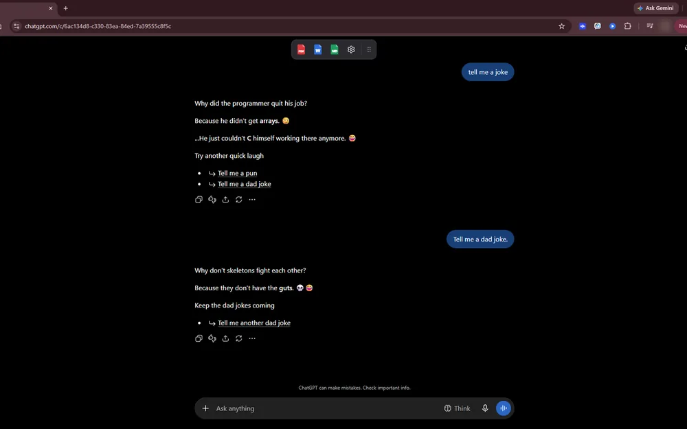 A ChatGPT conversation with ChatScribe's small export toolbar at the top, showing PDF, Word and Markdown buttons and a settings button.