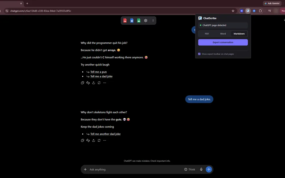 The ChatScribe popup open from Chrome's toolbar, showing a format picker for PDF, Word or Markdown and an Export conversation button.
