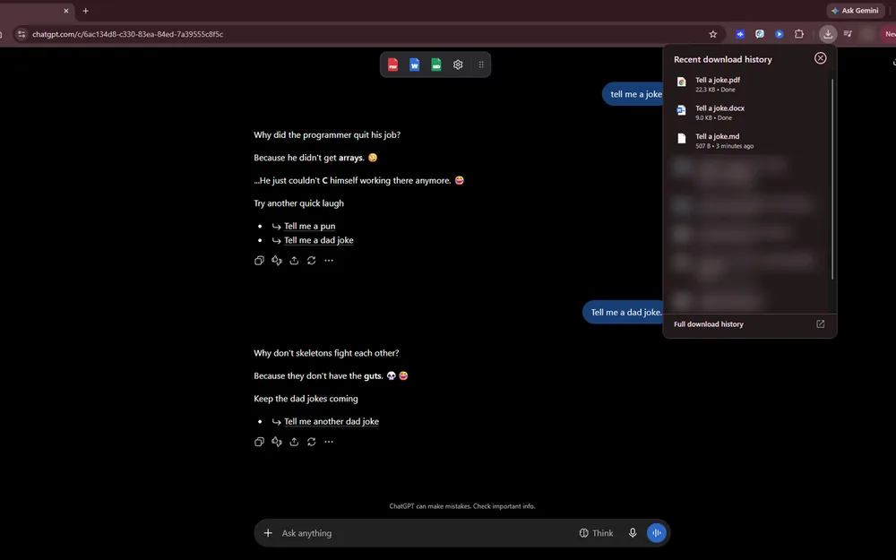 Chrome's download list showing the same conversation saved as a PDF, a Word file and a Markdown file.