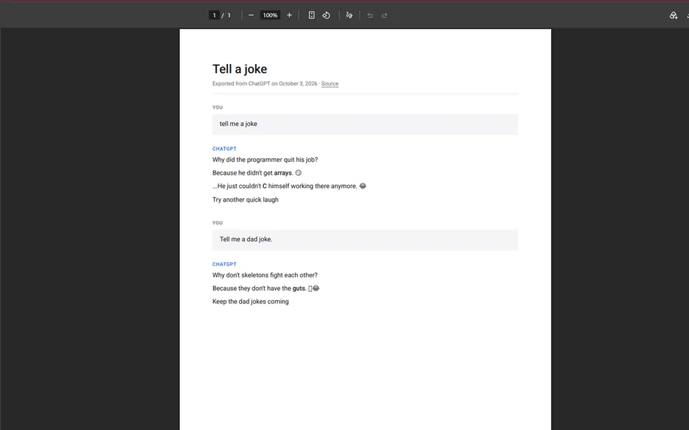 An exported PDF titled Tell a joke, with the conversation laid out as labeled messages.