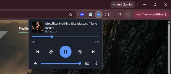 The Deskside Dial remote open from the Chrome toolbar, showing the track title and artist, a seek bar, playback buttons and a volume slider.